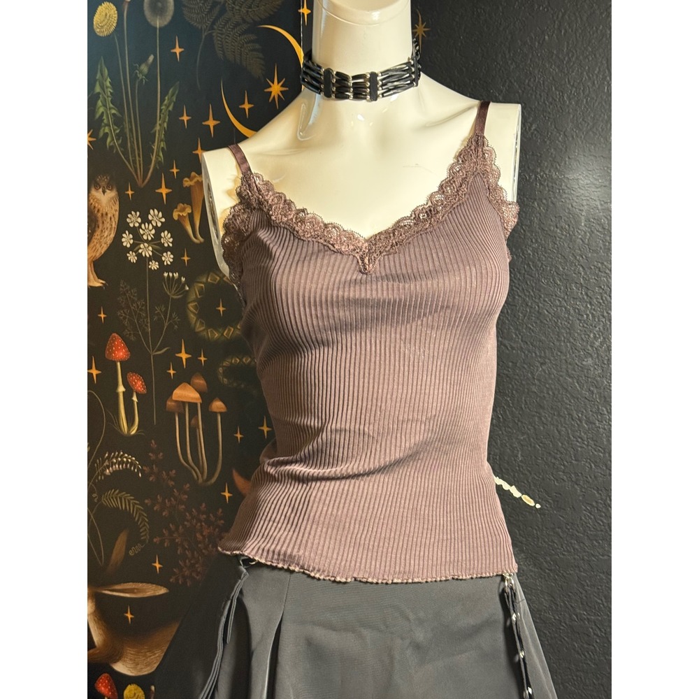 Acrobat Brown 100% Silk Ribbed Lace Trim Camisole Tank Top One Size